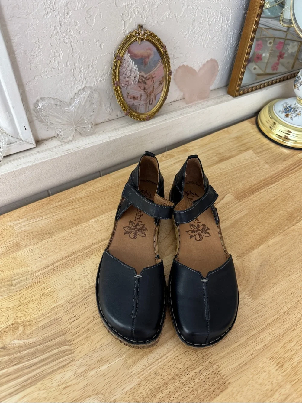 Josef Seibel Black Leather Mary Jane Comfort Flats EU 39 Minimalist Classic